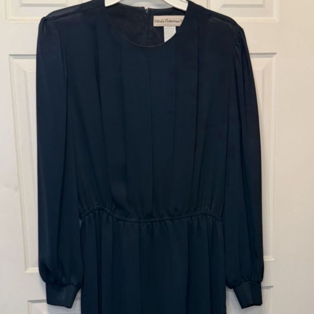 Rhodes Collection Inc. Dress Sheer Navy 80s Vintage Mid Length Flowy Long Sleeve